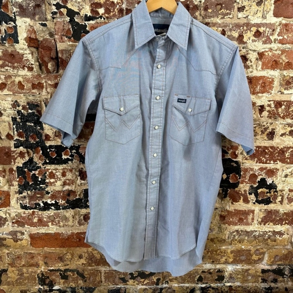 Wrangler Western Shirt Pearl Snap Short Sleeve Blue Lightweight Mens Medium